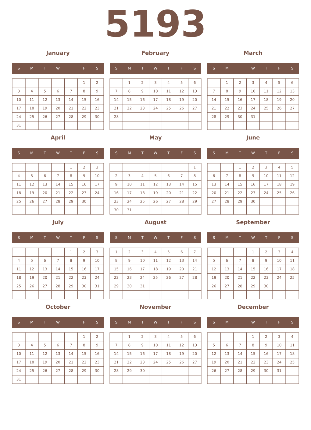 Printable 5193 Year Calendars coffe