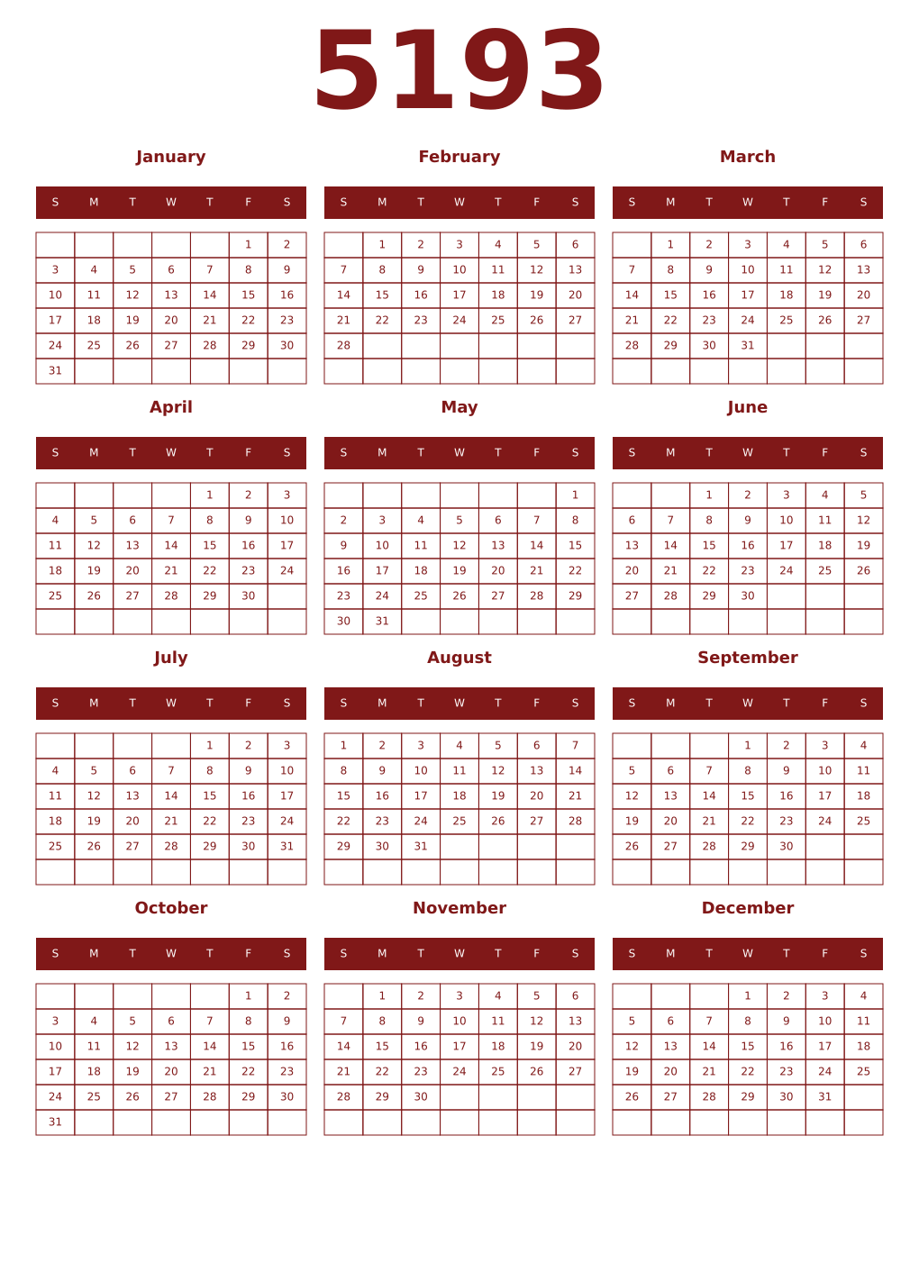 Printable 5193 Year Calendars falu