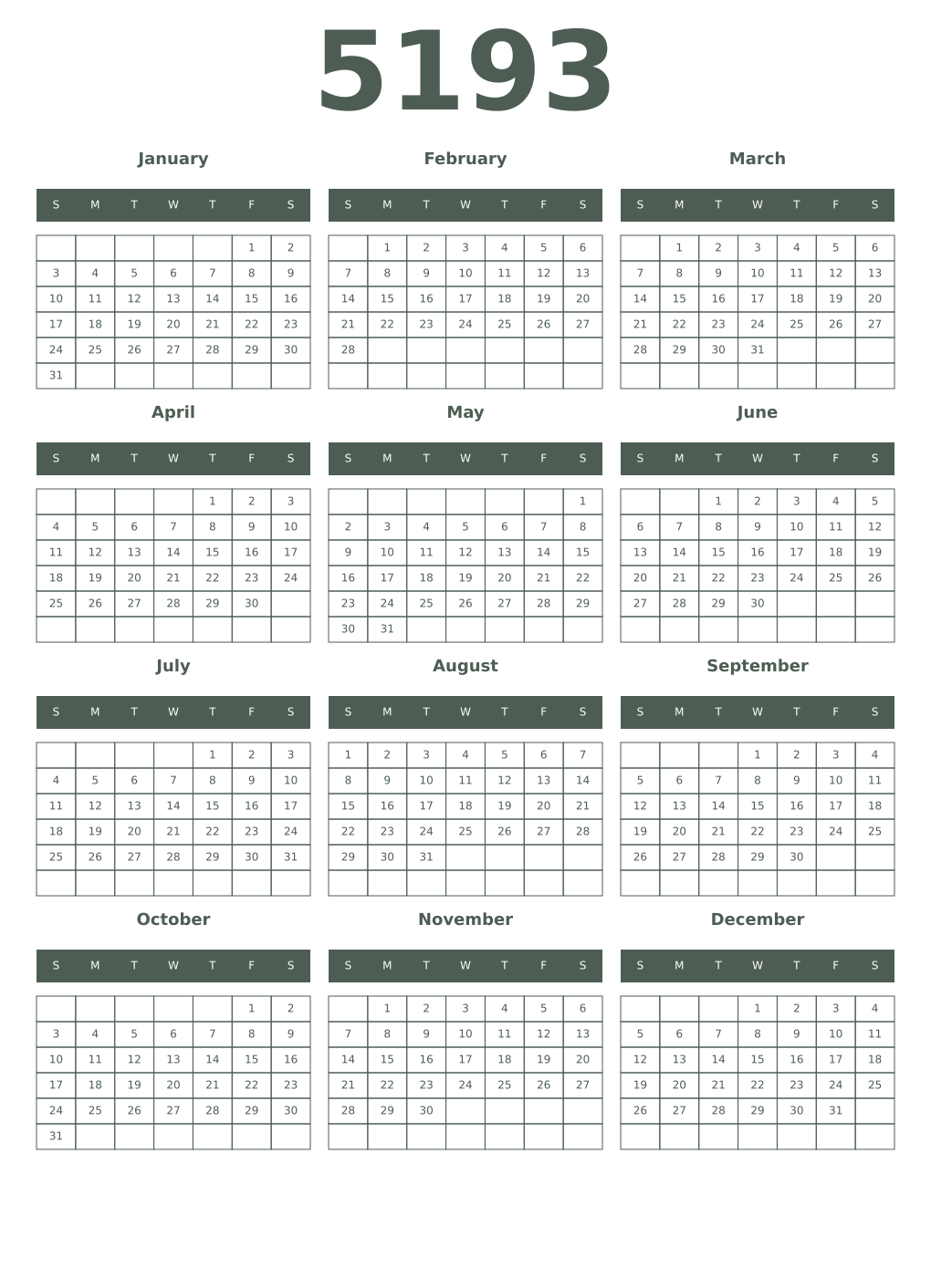 Printable 5193 Year Calendars feldgrau