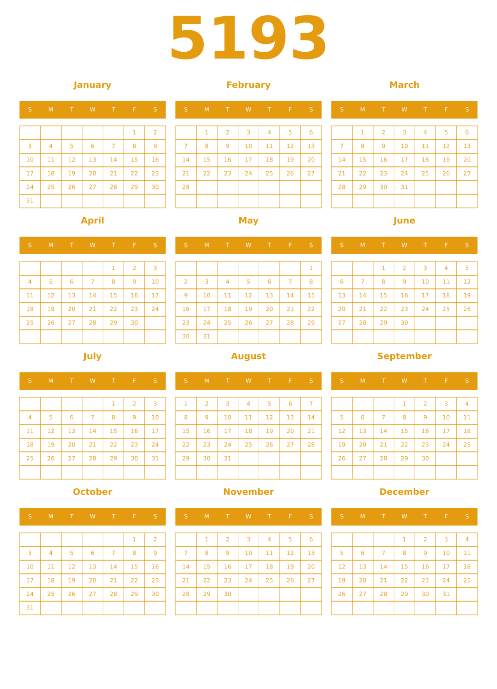 Printable 5193 Year Calendars gamboge