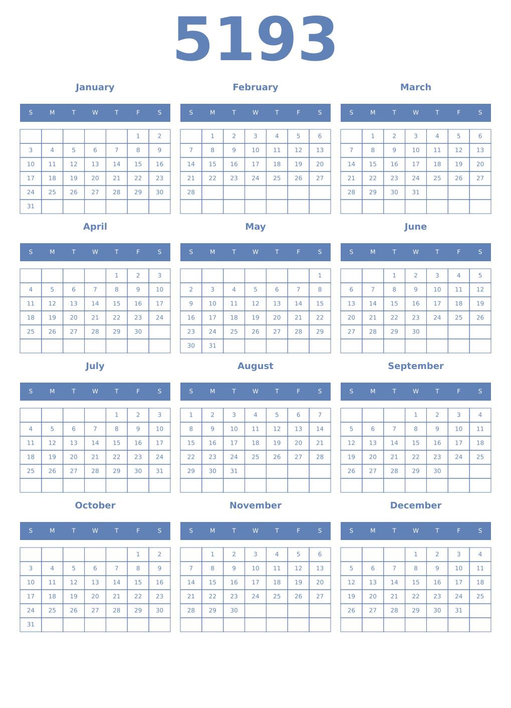 Printable 5193 Year Calendars glaucous