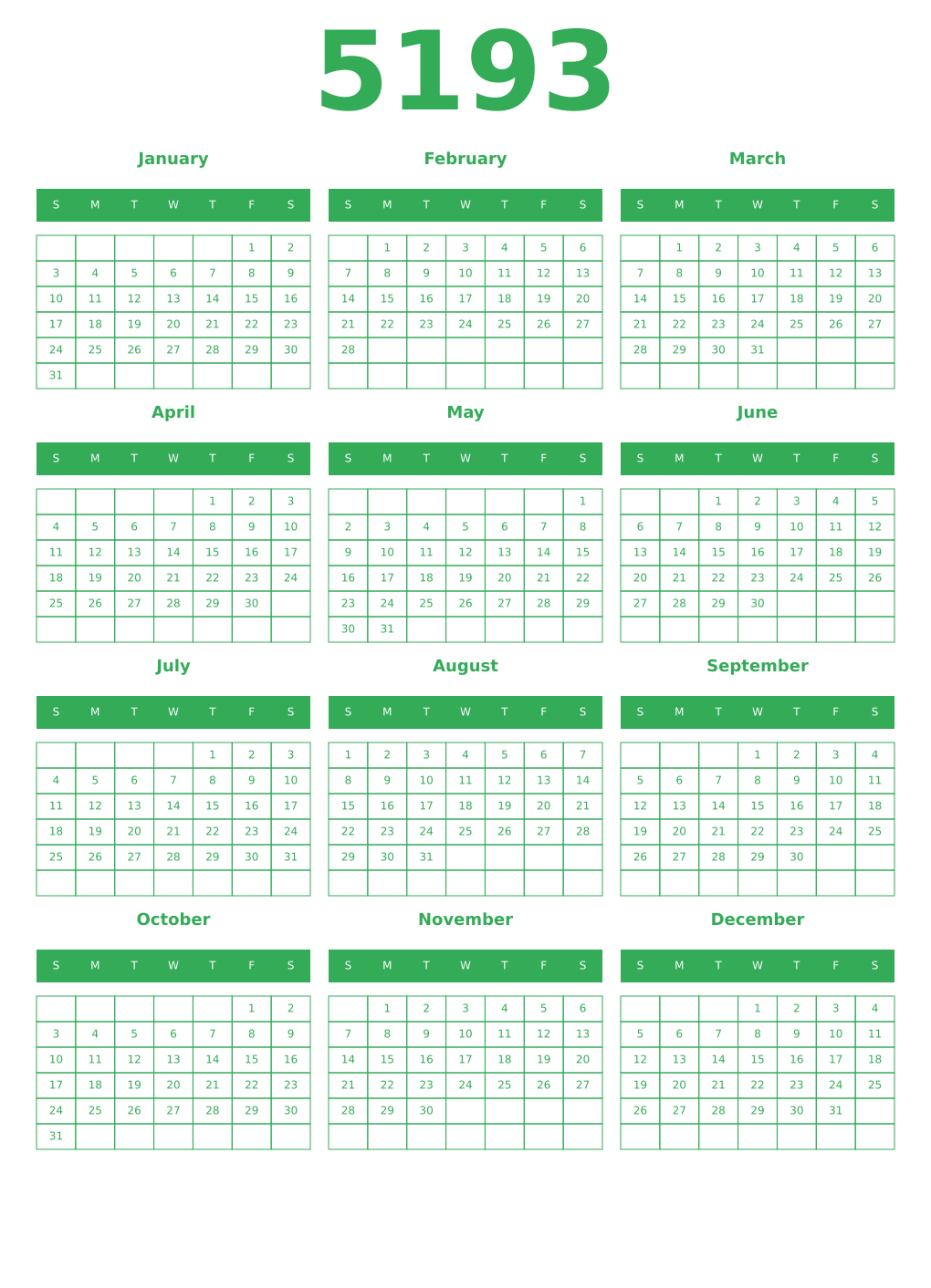 Printable 5193 Year Calendars green