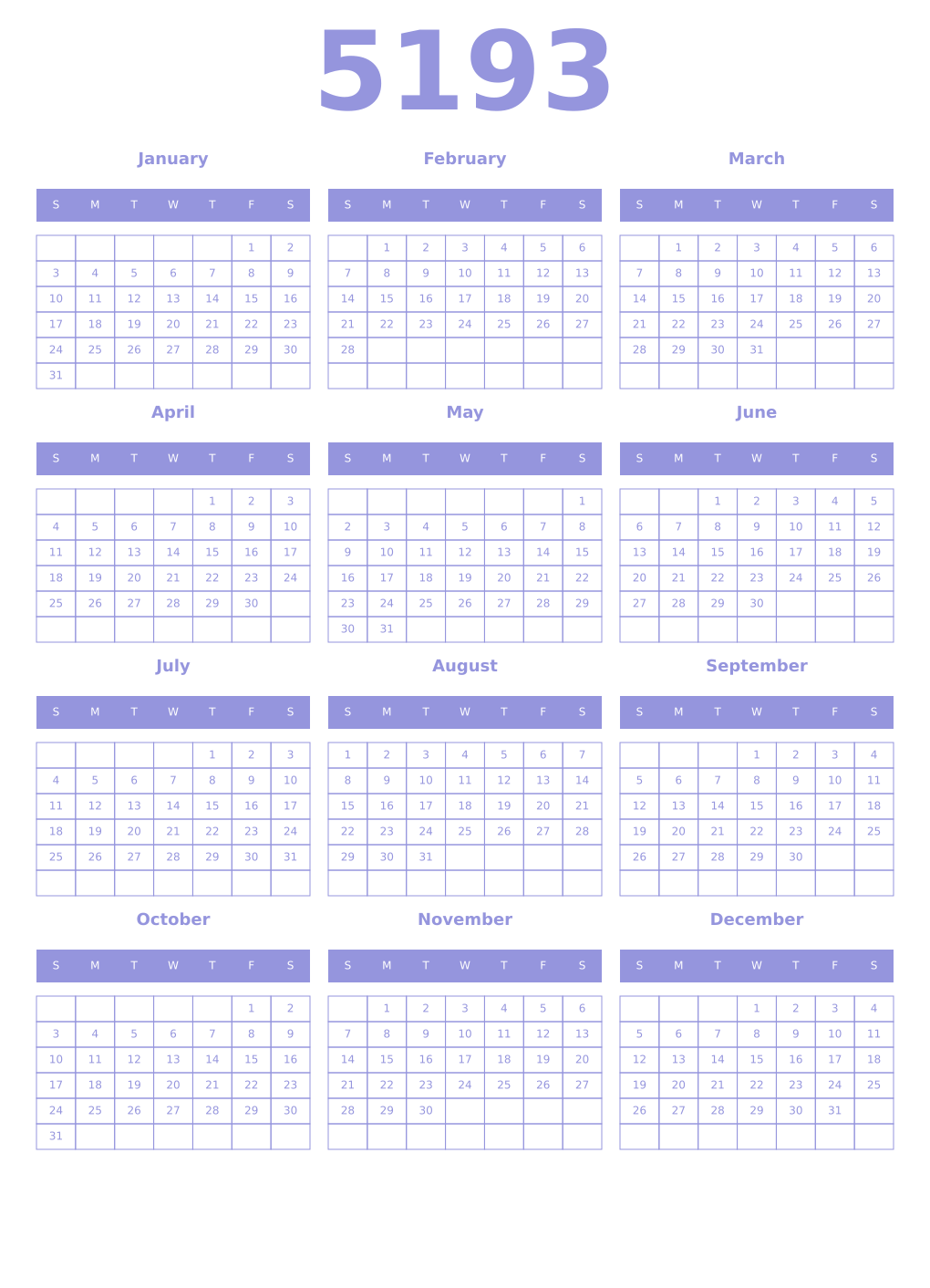 Printable 5193 Year Calendars periwinkle