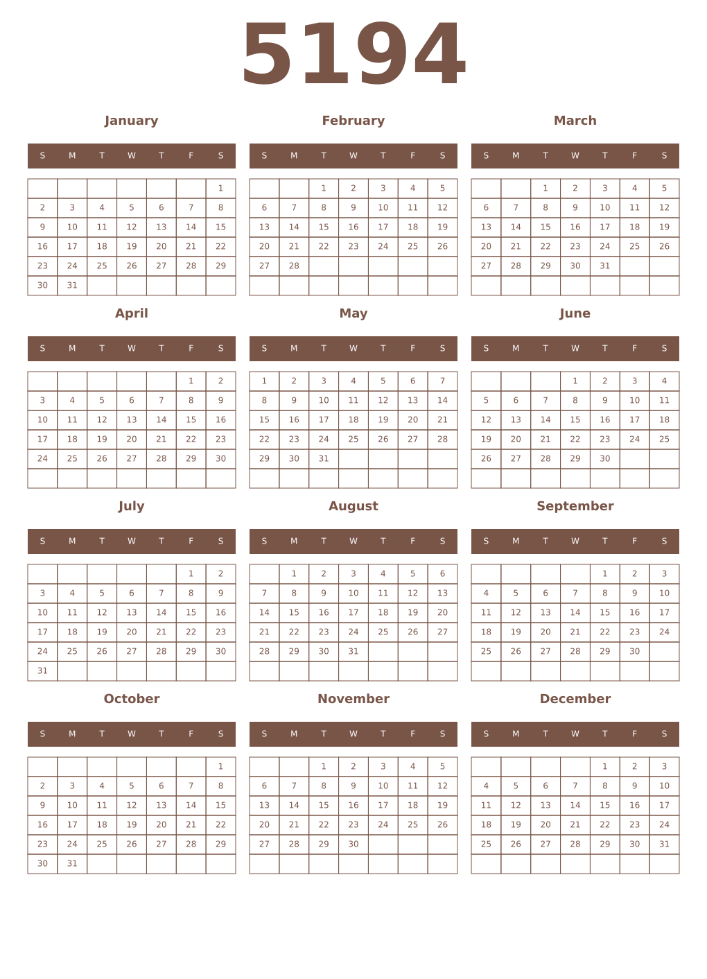 Printable 5194 Year Calendars coffe