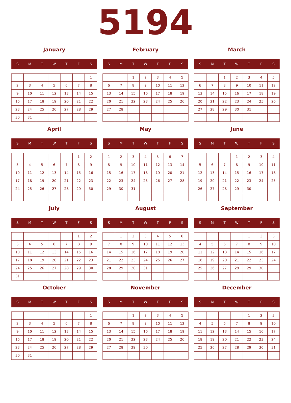 Printable 5194 Year Calendars falu