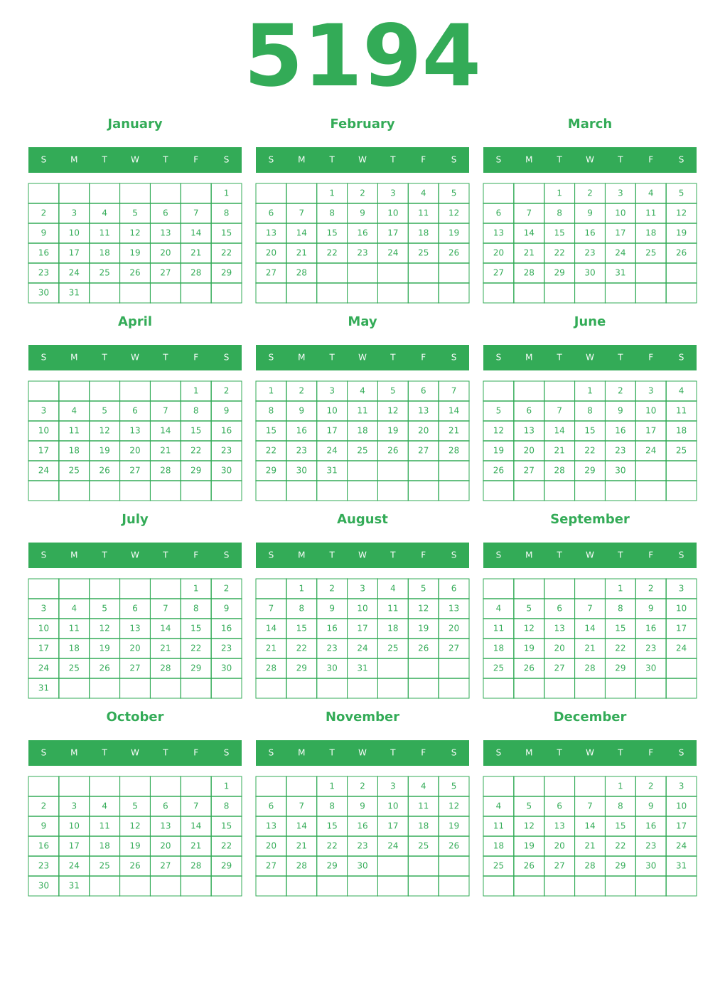 Printable 5194 Year Calendars green