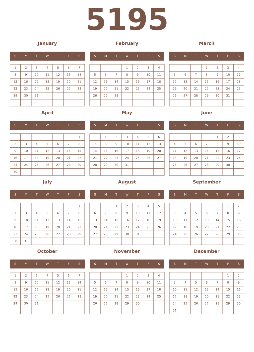 Printable 5195 Year Calendars coffe