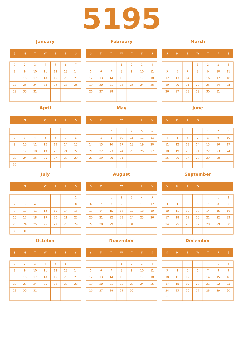 Printable 5195 Year Calendars orange