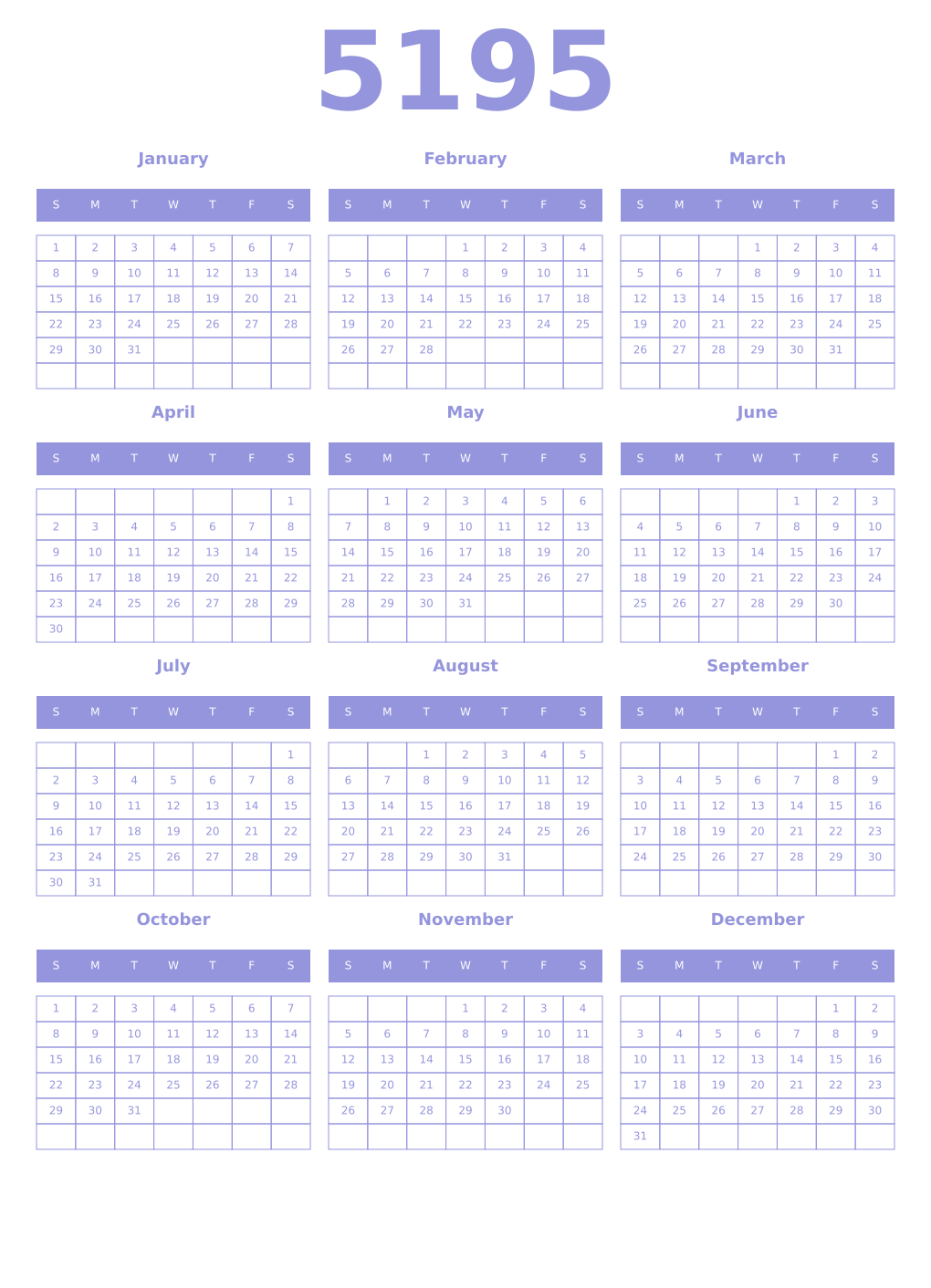 Printable 5195 Year Calendars periwinkle