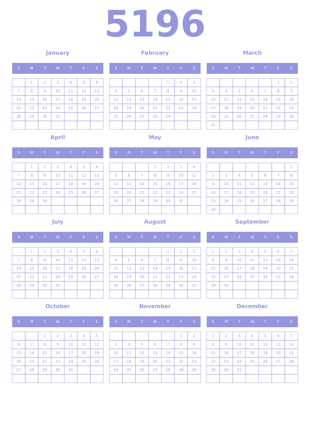 Printable 5196 Year Calendars periwinkle