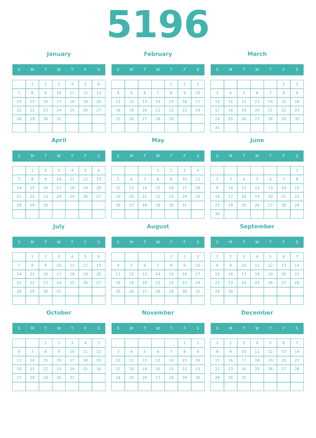 Printable 5196 Year Calendars verdigris