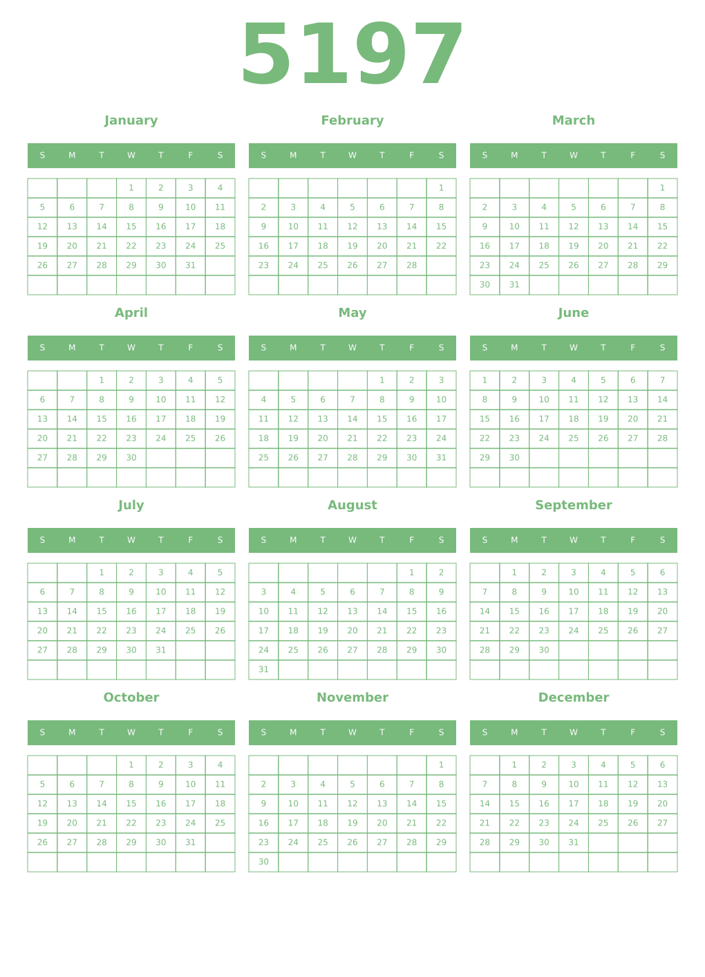 Printable 5197 Year Calendars celadon
