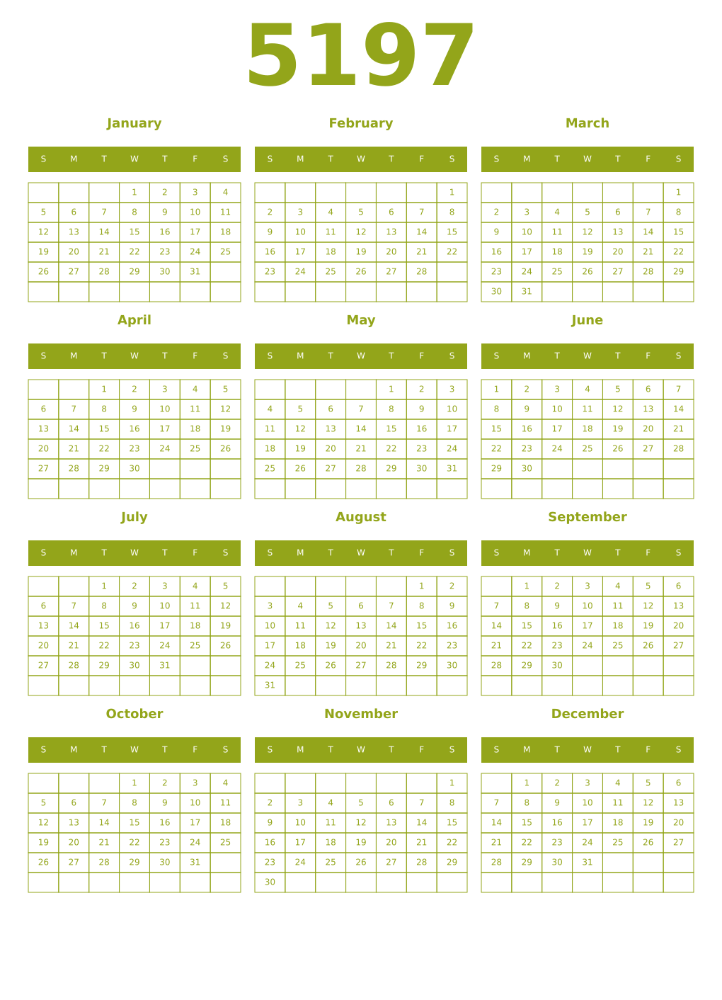 Printable 5197 Year Calendars chartreuse