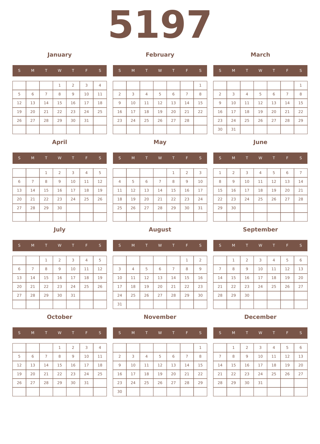 Printable 5197 Year Calendars coffe