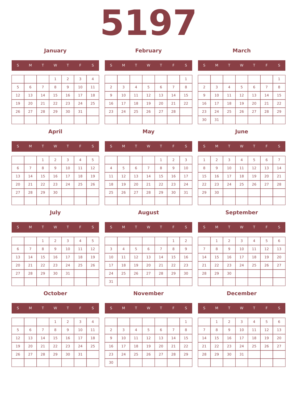 Printable 5197 Year Calendars cordovan