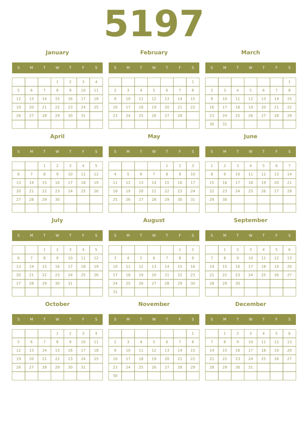 Printable 5197 Year Calendars eburnean
