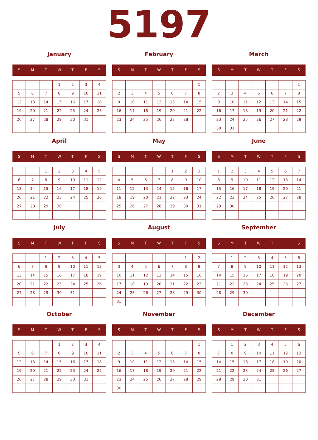 Printable 5197 Year Calendars falu