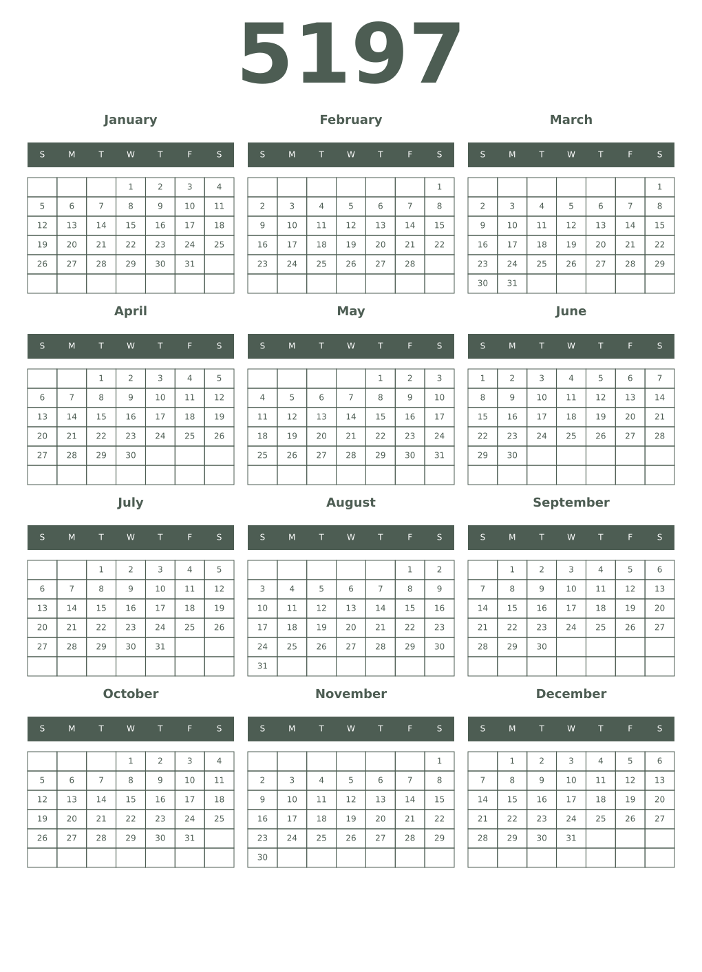 Printable 5197 Year Calendars feldgrau