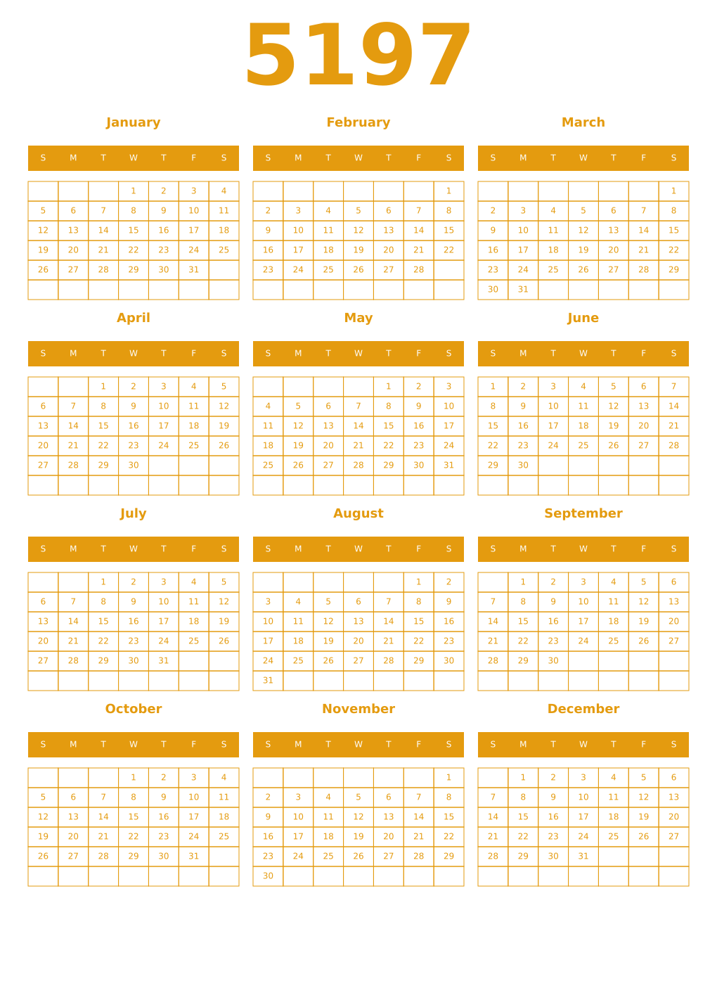 Printable 5197 Year Calendars gamboge