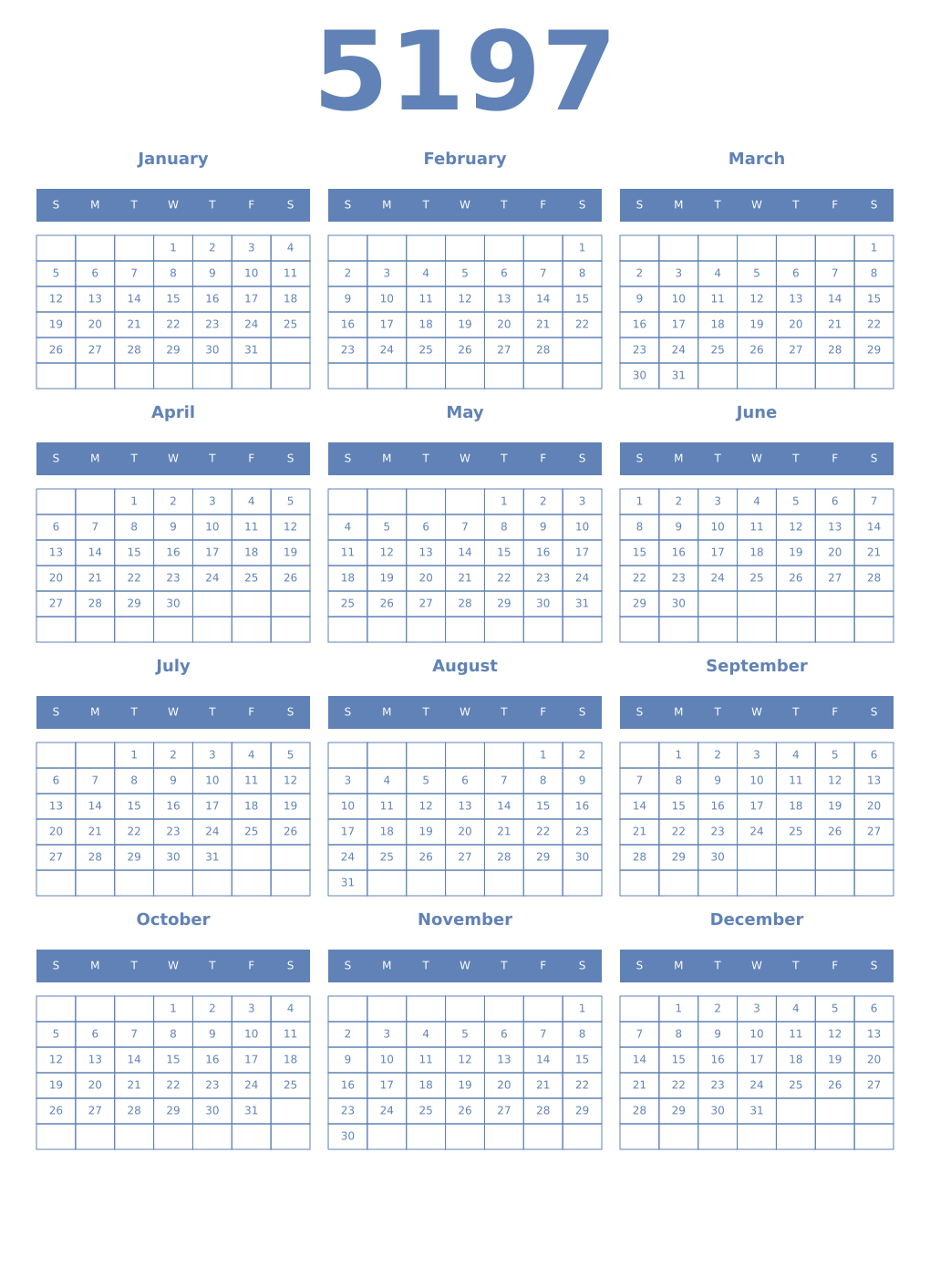 Printable 5197 Year Calendars glaucous