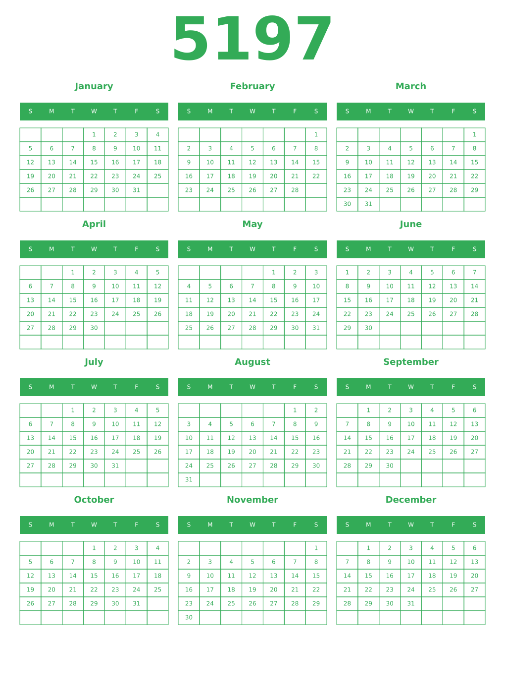 Printable 5197 Year Calendars green