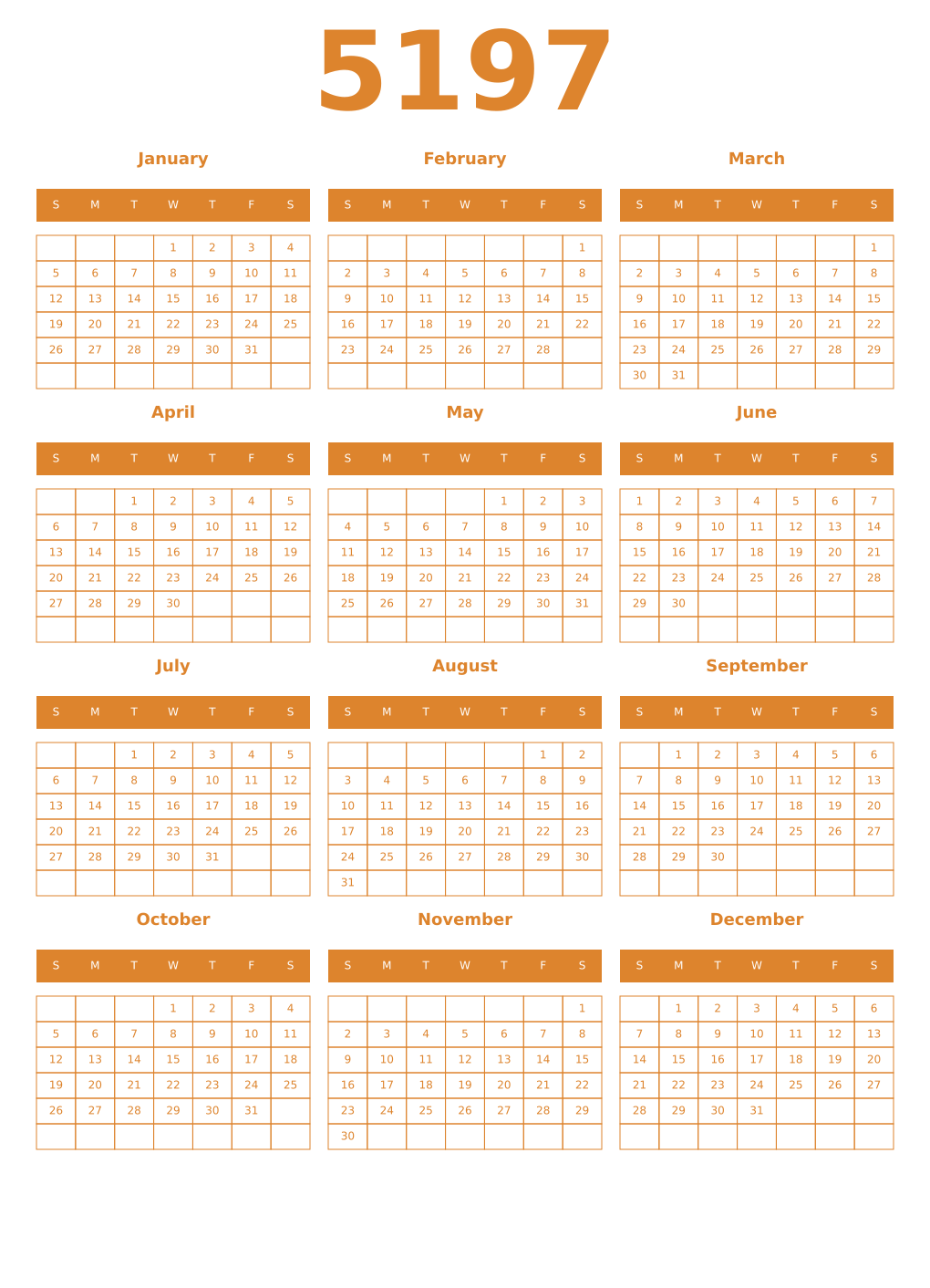 Printable 5197 Year Calendars orange
