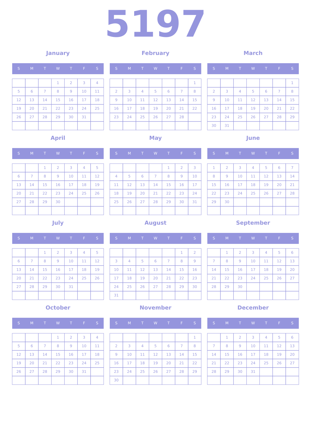 Printable 5197 Year Calendars periwinkle