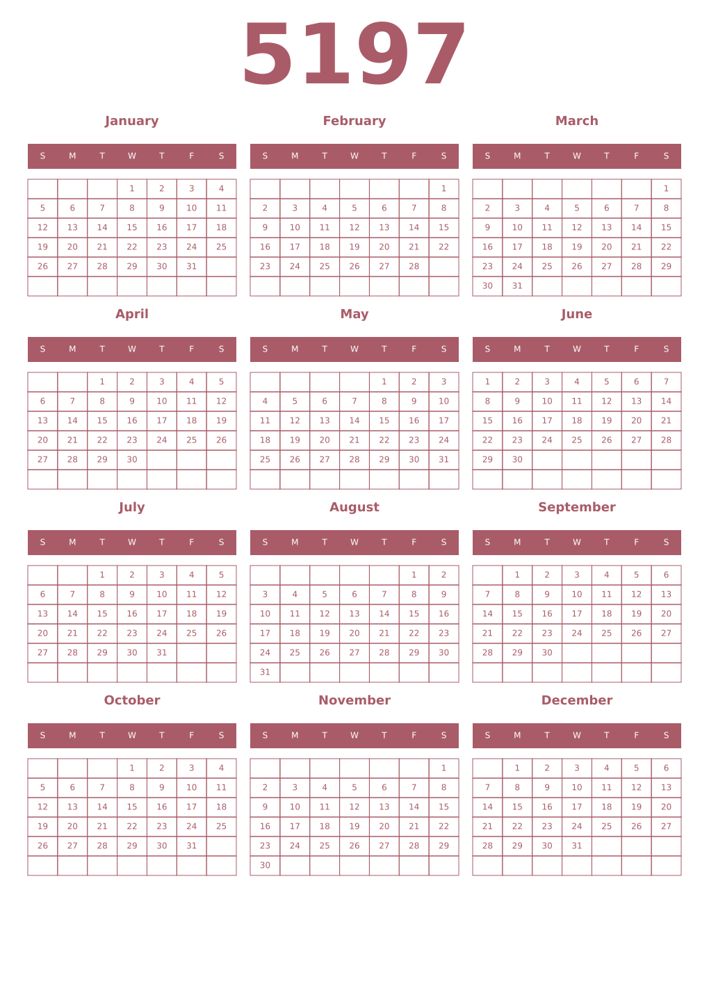 Printable 5197 Year Calendars puce