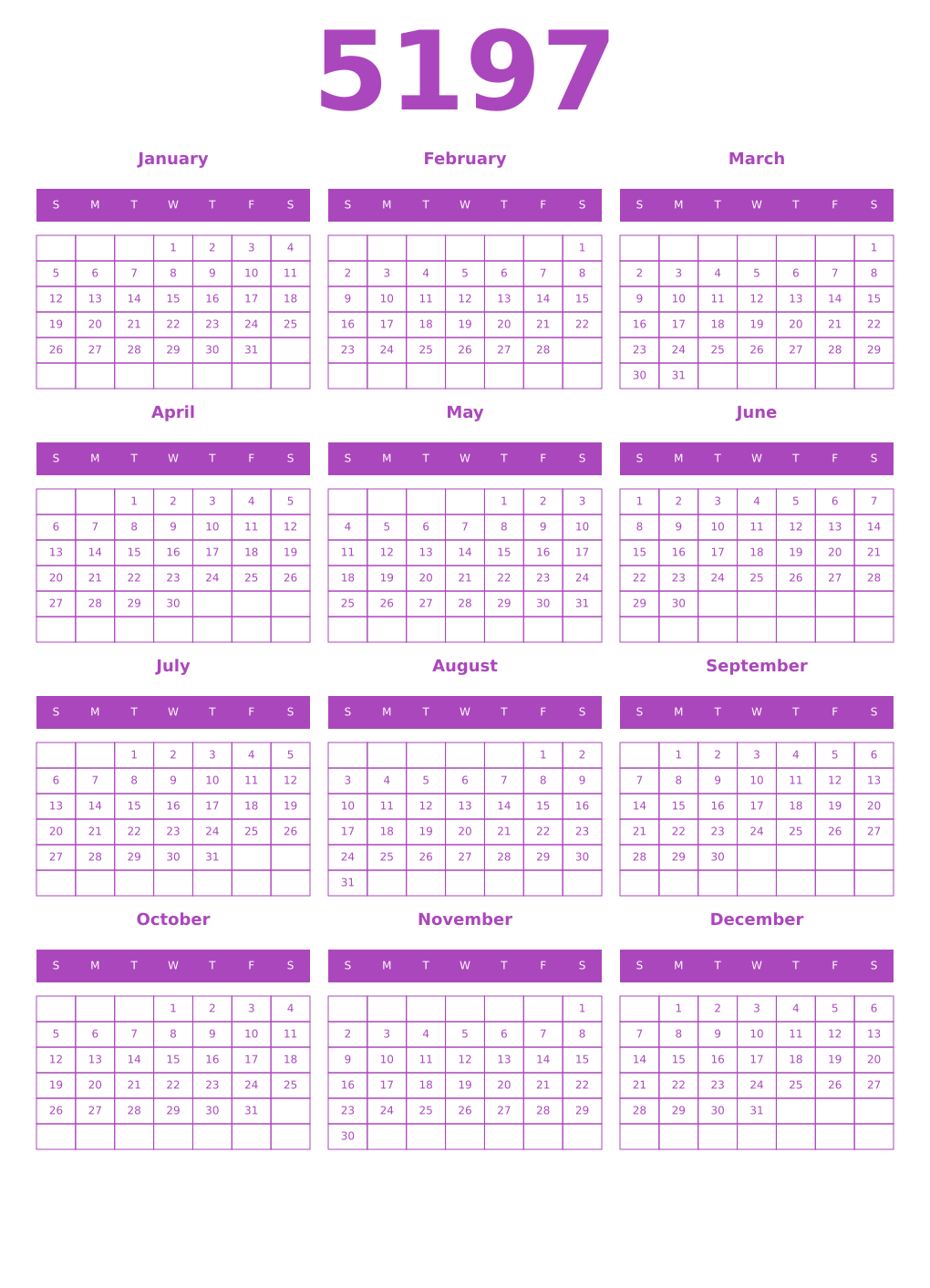 Printable 5197 Year Calendars purple
