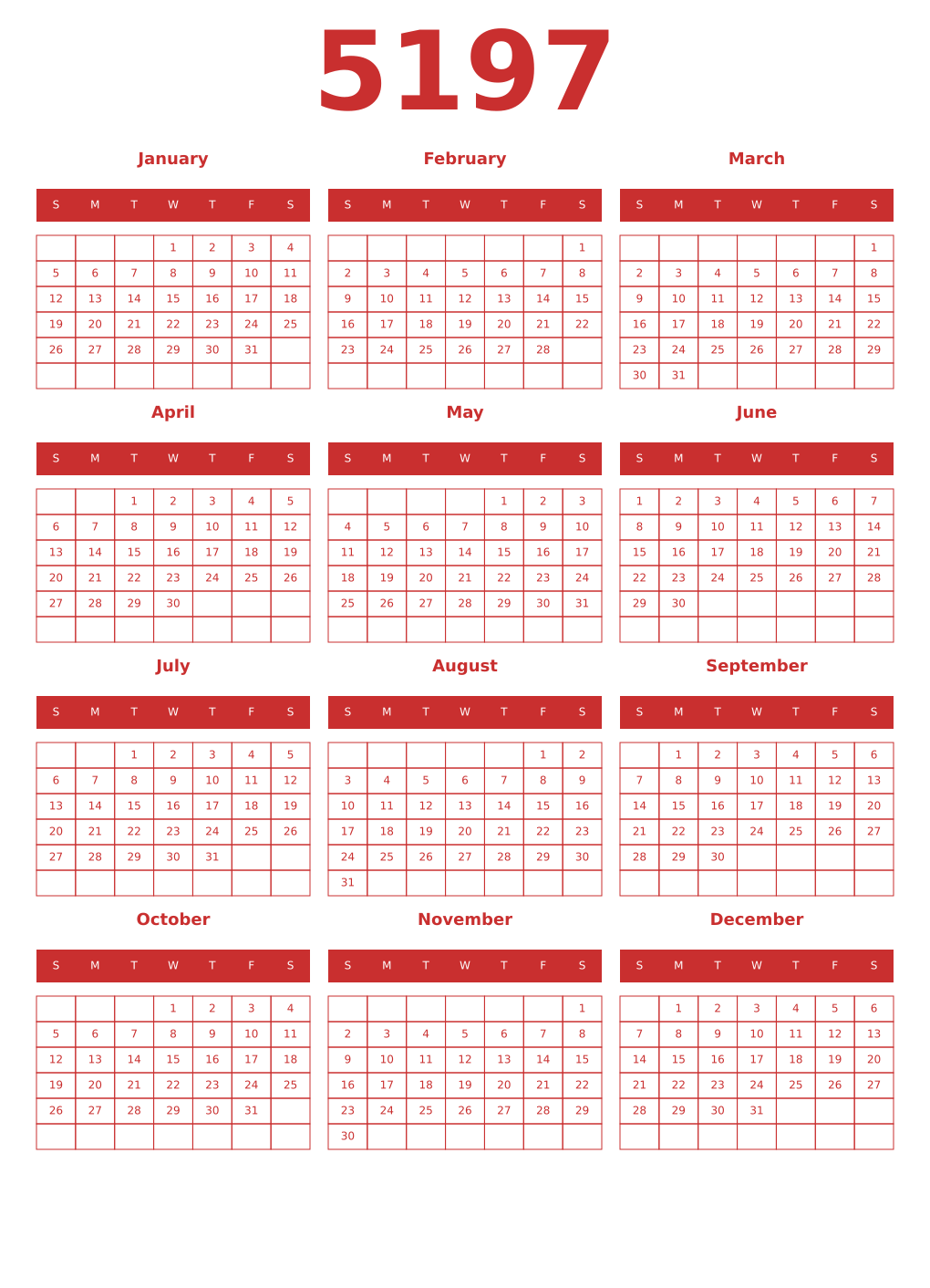 Printable 5197 Year Calendars red