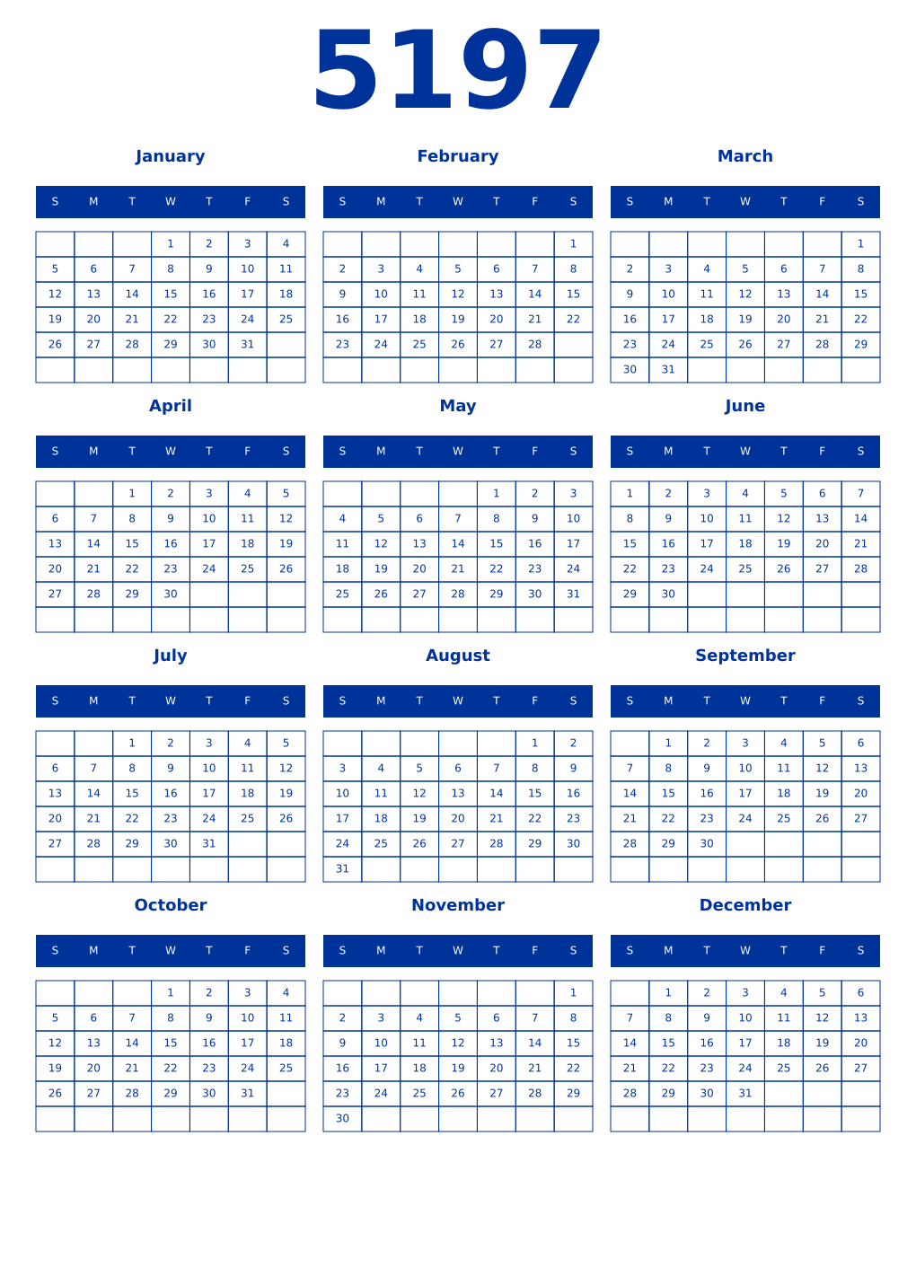 Printable 5197 Year Calendars smalt