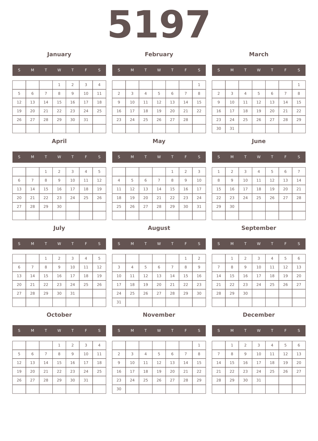 Printable 5197 Year Calendars wenge