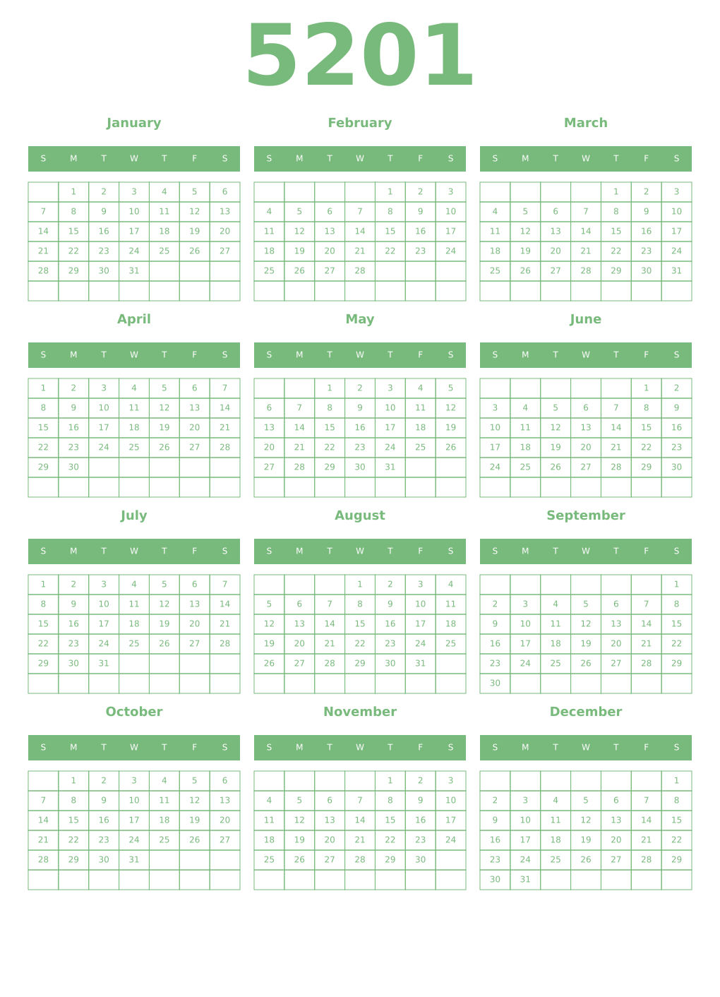 Printable 5201 Year Calendars celadon