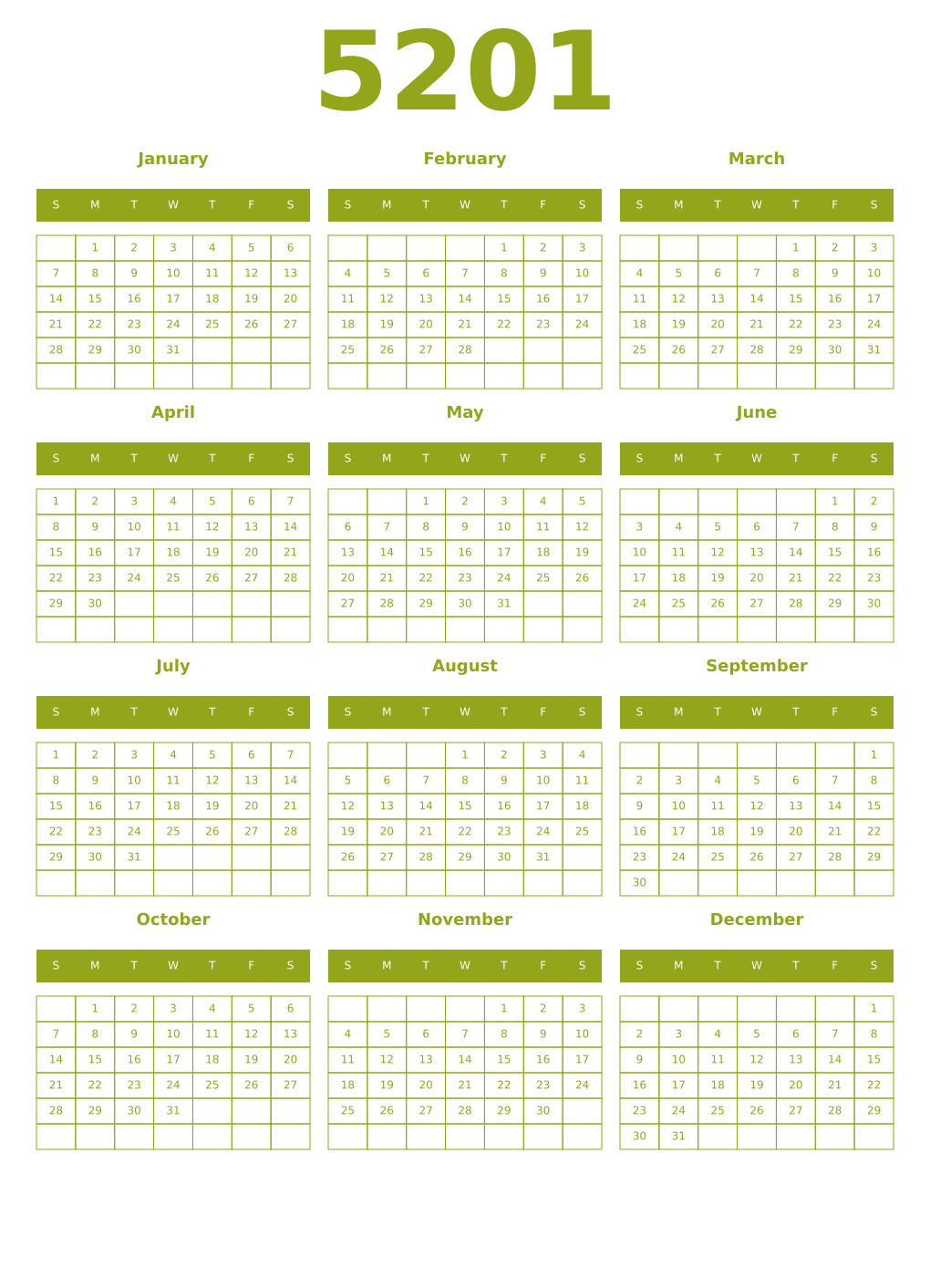 Printable 5201 Year Calendars chartreuse