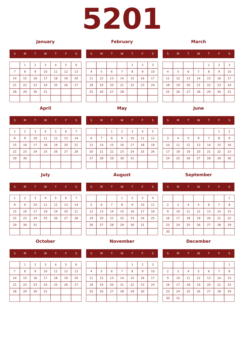 Printable 5201 Year Calendars falu