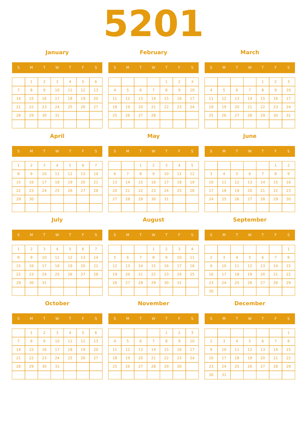 Printable 5201 Year Calendars gamboge