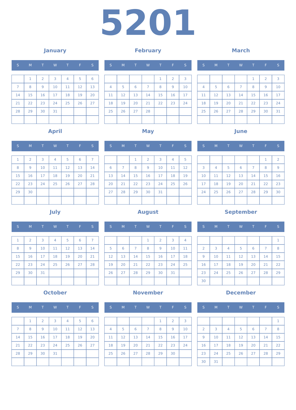 Printable 5201 Year Calendars glaucous