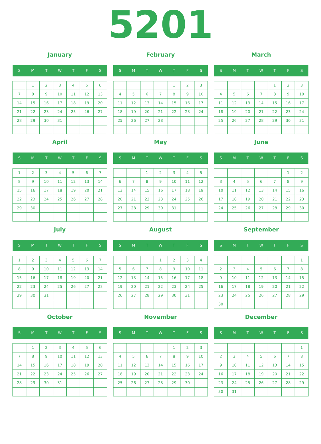 Printable 5201 Year Calendars green