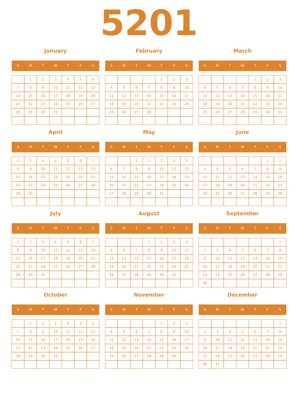Printable 5201 Year Calendars orange