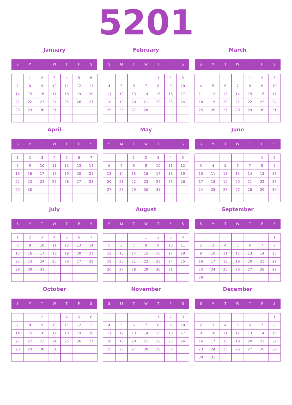 Printable 5201 Year Calendars purple