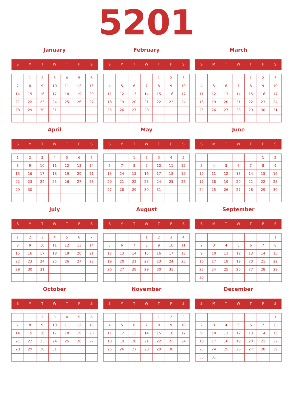 Printable 5201 Year Calendars red