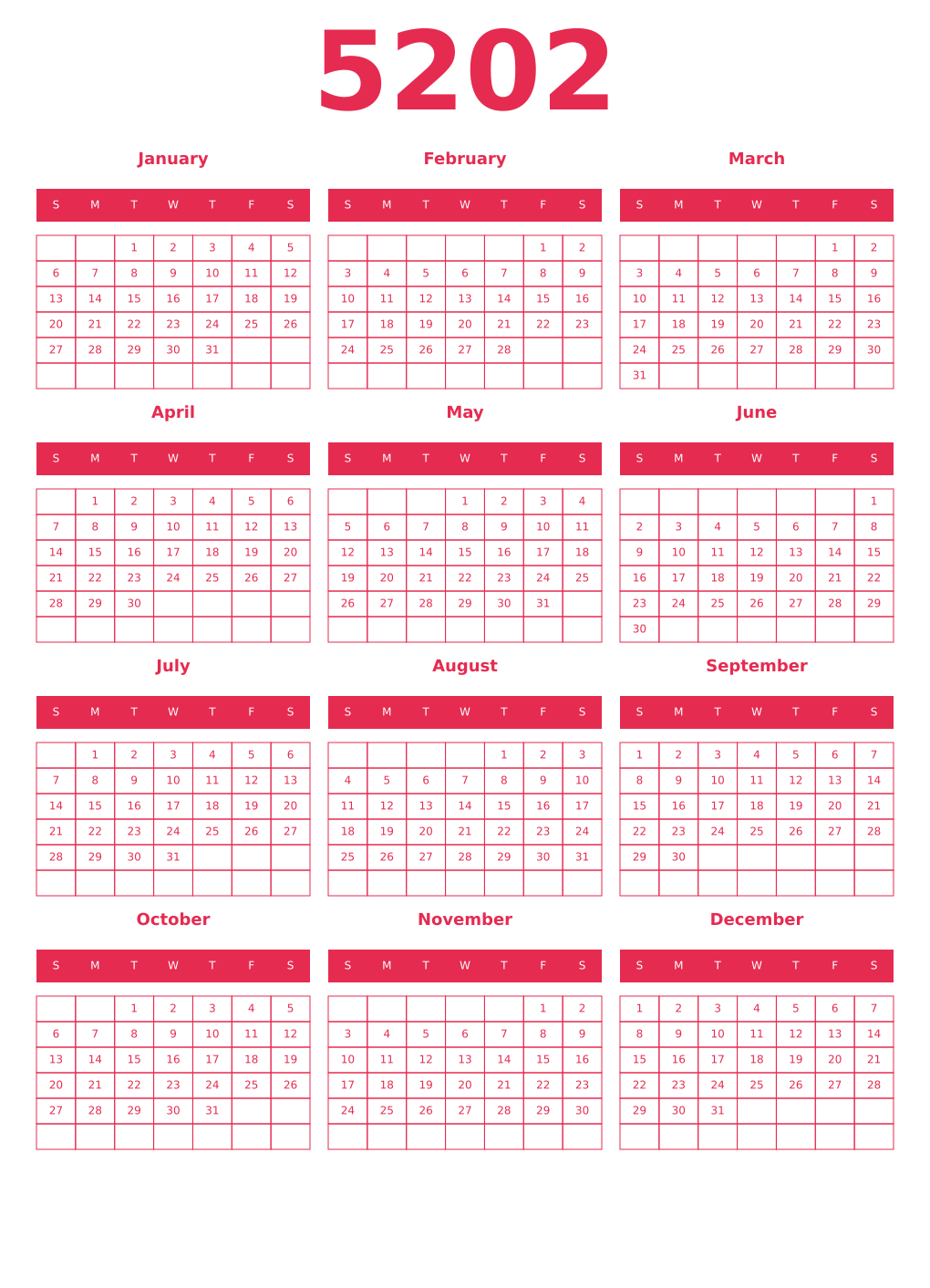 Printable 5202 Year Calendars amaranth