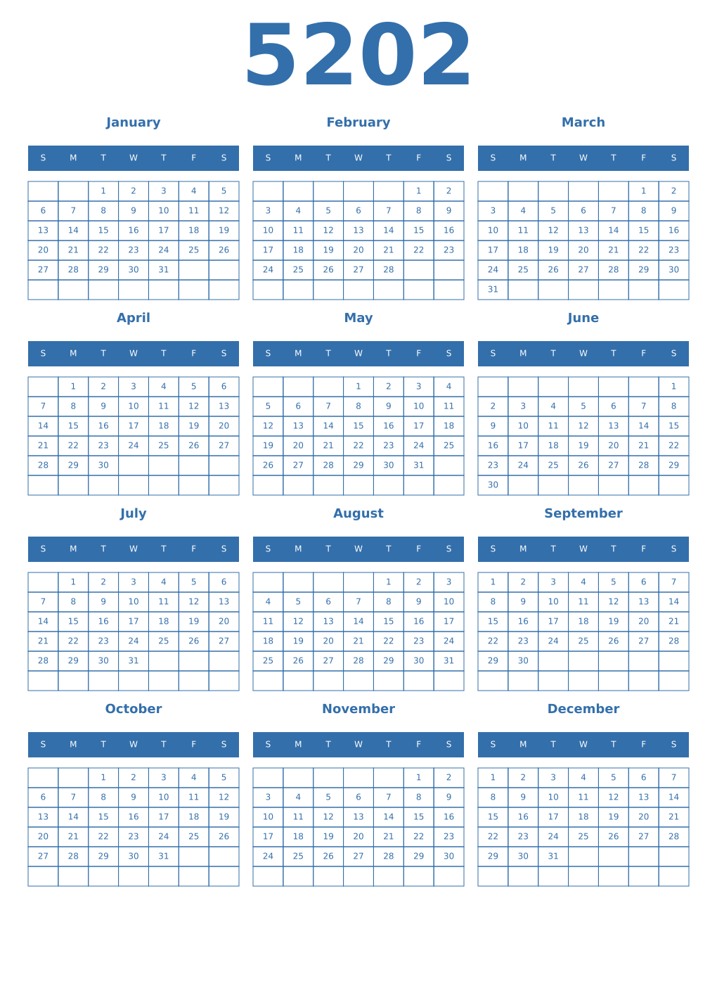 Printable 5202 Year Calendars blue