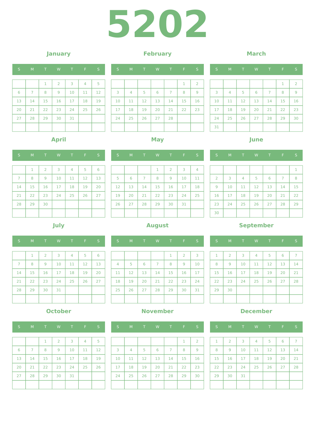 Printable 5202 Year Calendars celadon