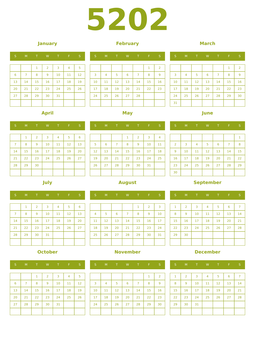 Printable 5202 Year Calendars chartreuse