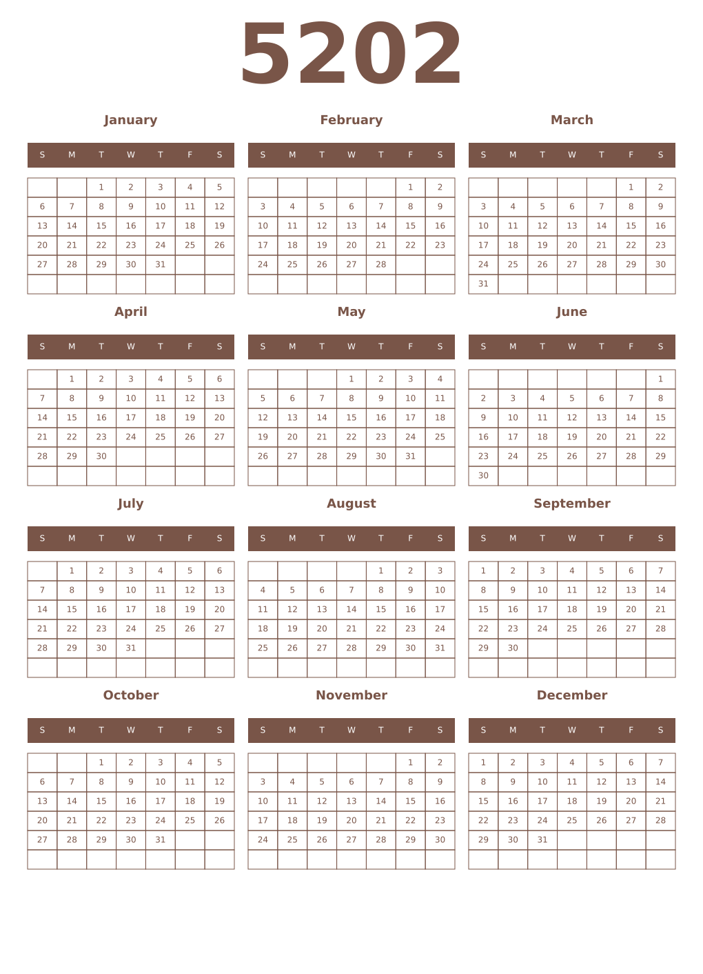 Printable 5202 Year Calendars coffe