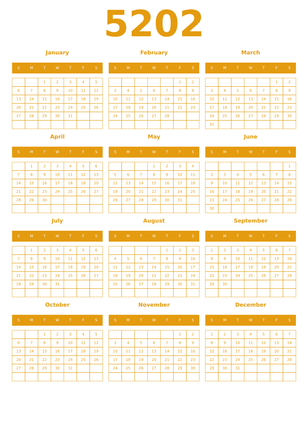 Printable 5202 Year Calendars gamboge