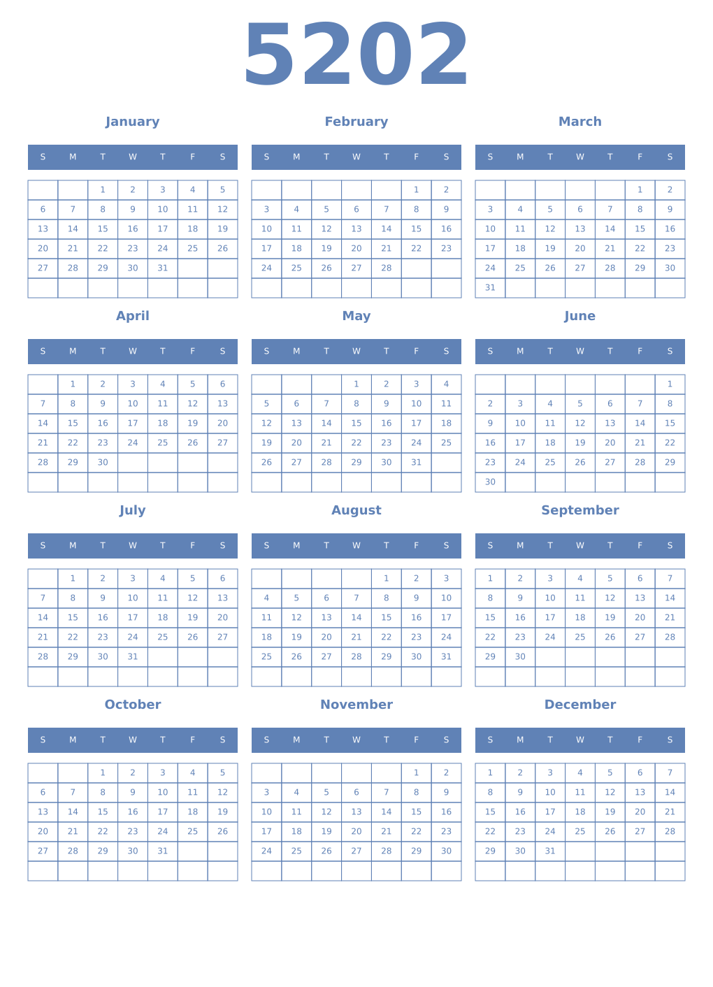 Printable 5202 Year Calendars glaucous