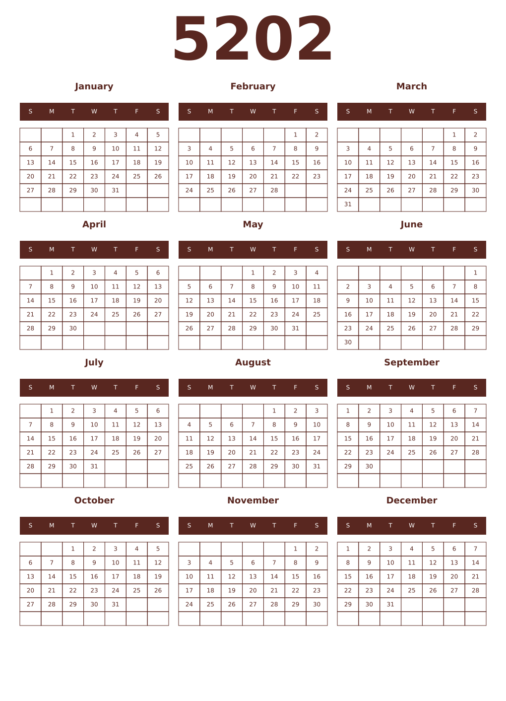 Printable 5202 Year Calendars mortuum