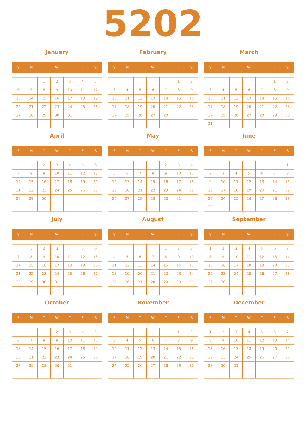 Printable 5202 Year Calendars orange